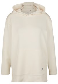 Huppari, joka on vaaleancremeä ja jossa on suuri etutasku, ribbauskät ja kaksinkertainen huppu. Vasemmalla puolella on pieni harmaa logo.