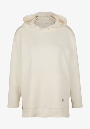 Huppari, joka on vaaleancremeä ja jossa on suuri etutasku, ribbauskät ja kaksinkertainen huppu. Vasemmalla puolella on pieni harmaa logo.