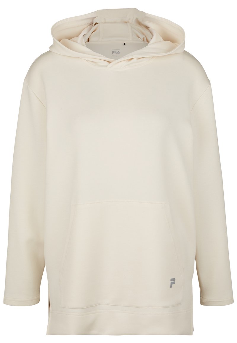 Huppari, joka on vaaleancremeä ja jossa on suuri etutasku, ribbauskät ja kaksinkertainen huppu. Vasemmalla puolella on pieni harmaa logo.