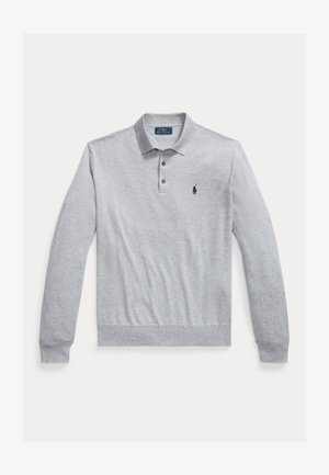 Gray long-sleeve polo shirt made of cotton, featuring a three-button placket, ribbed cuffs, and a small navy logo on the left chest.