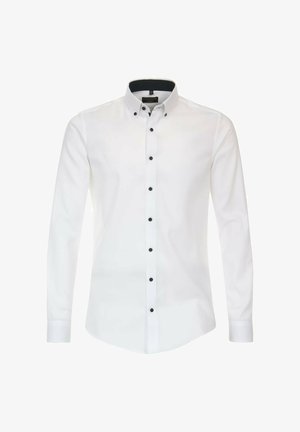 Langärmeliges weißes Hemd mit schwarzen Knöpfen, Button-Down-Kragen, schlichter Stoff, taillierte Passform und abgerundetem Saum.