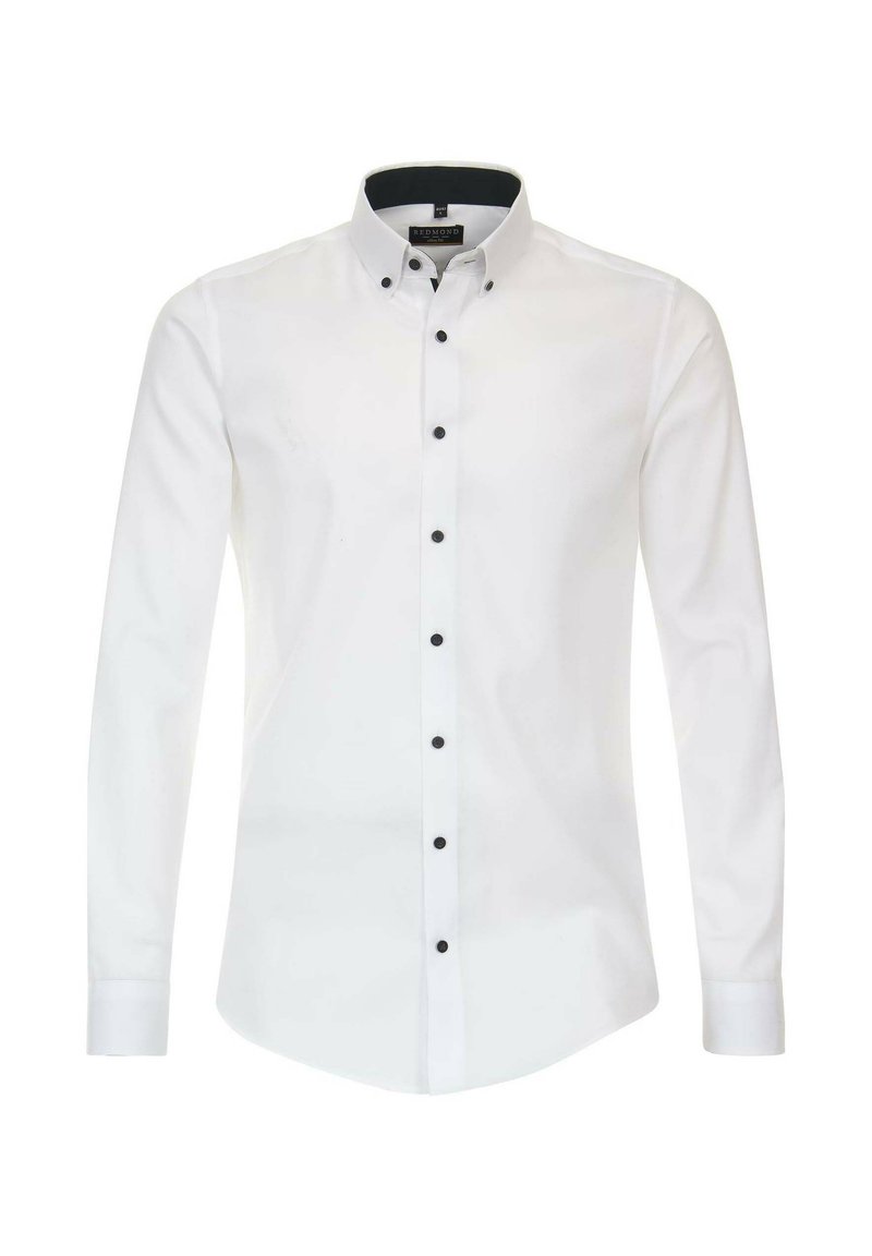 Langärmeliges weißes Hemd mit schwarzen Knöpfen, Button-Down-Kragen, schlichter Stoff, taillierte Passform und abgerundetem Saum.