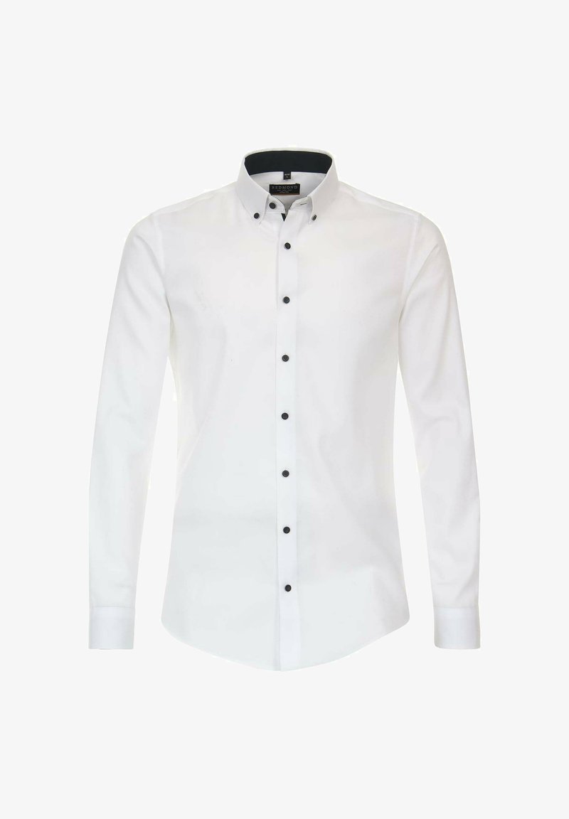 Langärmeliges weißes Hemd mit schwarzen Knöpfen, Button-Down-Kragen, schlichter Stoff, taillierte Passform und abgerundetem Saum.