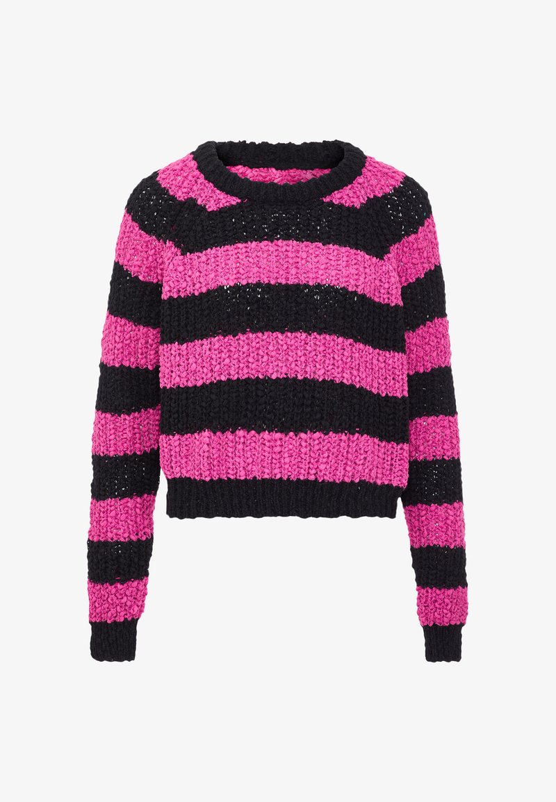 Strickpullover mit breiten horizontalen Streifen in Schwarz und Pink. Rundhalsausschnitt, lange Ärmel und cropped Länge. Strukturierter Stoff.