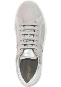 Graue Wildledersneaker mit durchbrochener Gestaltung, metallischen silbernen Akzenten, flachen Schnürsenkeln und einer Gummisohle. Mit Logo auf der Innensohle.