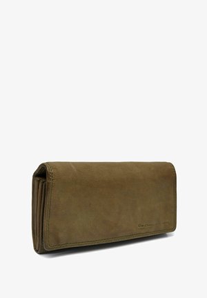 Portefeuille en cuir vert olive avec une texture lisse, de forme rectangulaire et des coutures visibles. Dispose d'un logo en relief discret.