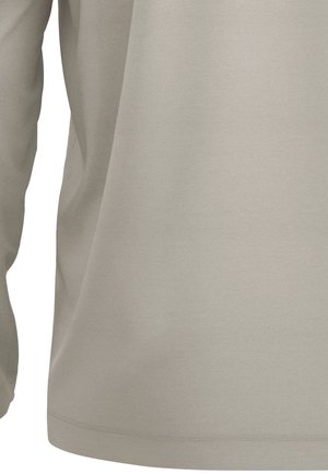 Light gray long-sleeve top with a smooth texture, featuring a relaxed fit and simple design, and curved hem at the bottom.