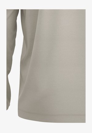 Light gray long-sleeve top with a smooth texture, featuring a relaxed fit and simple design, and curved hem at the bottom.
