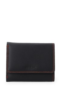 Black leather wallet with orange stitching. Features a smooth texture and a fold-over design. Embossed brand name on the front.