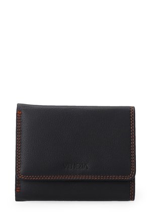 Black leather wallet with orange stitching. Features a smooth texture and a fold-over design. Embossed brand name on the front.