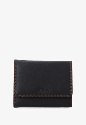 Zwarte leren portemonnee met oranje stiksels. Kenmerkt zich door een gladde textuur en een opklapontwerp. Geperste merknaam op de voorkant.