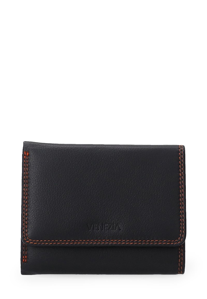 Black leather wallet with orange stitching. Features a smooth texture and a fold-over design. Embossed brand name on the front.