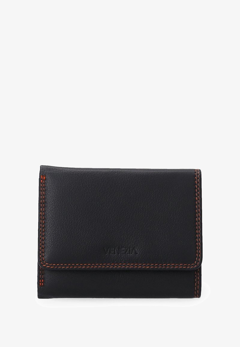 Černá kožená peněženka s oranžovým prošíváním. Má hladký povrch a skládací design. Vytlačený název značky na přední straně.