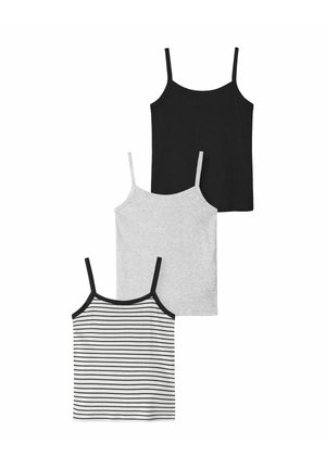Trzy damskie bezrękawniki w kolorze czarnym, jasnoszarym oraz z czarno-białymi poziomymi paskami, ułożone pionowo.