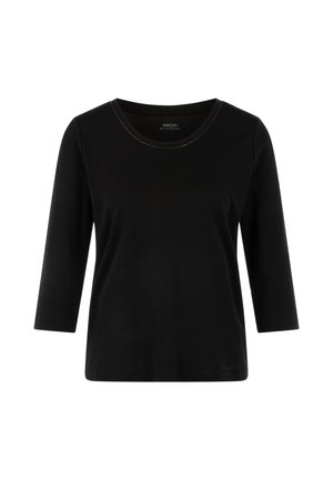 Black three-quarter sleeve top with a round neckline, features delicate gold stitching along the collar, made from soft, lightweight material.
