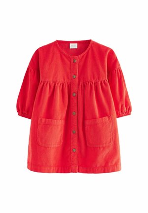 Rotes Cord-Kleid für Kleinkinder mit Knöpfen vorne, zwei Taschen vorne und geraffter Taille und Ärmeln.