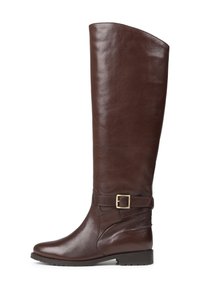 Botte en cuir marron montante avec une finition lisse, présentant un détail de boucle sur le côté et une semelle en caoutchouc plate pour plus de stabilité.