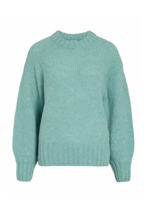 Un morbido maglione in maglia color teal chiaro con colletto a giro, spalle scese e polsini e orlo a coste. Materiale testurizzato e caldo.