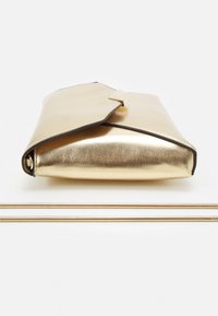 Gold metallic clutch with a smooth texture, triangular flap, and black trim. Includes a detachable gold chain for carrying.