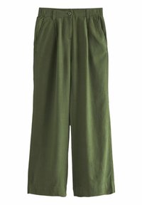 Pantalon vert à jambes larges en tissu texturé, avec fermeture à boutons, deux poches latérales et une coupe décontractée.