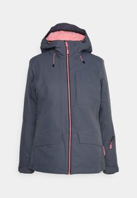 Wodoodporna szara kurtka z ocieplanym kapturem, różowymi akcentami, zamkiem błyskawicznym z przodu oraz dwiema przednimi kieszeniami. Posiada regulowane troczki.