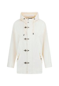 Lichtgekleurde hoodiejack met togglesluiting, zijzakken, een trekkoordcapuchon en een licht losse pasvorm. Het materiaal lijkt glad te zijn.