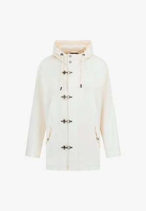 Világos színű kapucnis dzseki, amelyen húzós megoldások, oldalsó zsebek, húzózsinóros kapucni és enyhén laza szabás található. Az anyag simának tűnik.