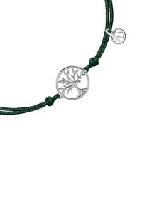 Wisiorek zaprojektowany w kształcie srebrnego drzewa na ciemnozielonym plecionym sznurku, z okrągłym kształtem i małym okrągłym urokiem przymocowanym do niego.