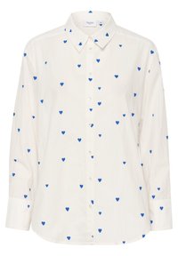 Camicia bianca con motivi a cuore blu. Maniche lunghe, orlo arrotondato, colletto e bottoni perlacei. Realizzata in tessuto leggero.