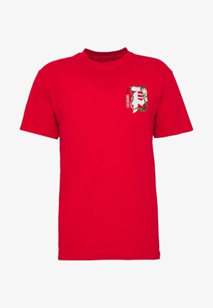 Punainen lyhythihainen T-paita, jossa vasemmassa rinnassa pieni valkoisen ja punaisen tyylitellyn symbolin ympärille kietoutunut vihreä lohikäärme.
