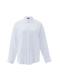 Camicia bianca a maniche lunghe realizzata in tessuto leggero. Presenta un'apertura con bottoni, colletto classico e una vestibilità ampia con maniche con polsini.