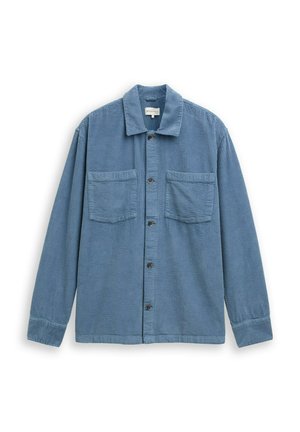 Blue corduroy long-sleeve shirt with button front, two chest pockets, and collar on a white background.