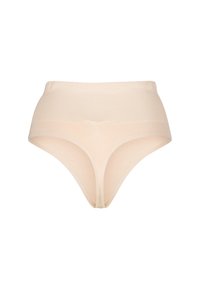 Beiga högmidjade bikiniunderdelar tillverkade av stretchigt material. Har en slät yta med sömlös design och minimalistisk siluett.