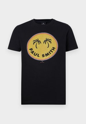 Svart bomull t-skjorte med en gul sirkulær grafikk med palmer og "PAUL SMITH" tekst i fete, kontrasterende farger. Korte ermer.