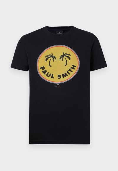 T-shirt en coton noir avec un graphique circulaire jaune représentant des palmiers et le texte "PAUL SMITH" en gras, dans des couleurs contrastées. Manches courtes.
