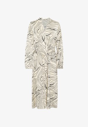 Kreemivalge pikk kleit musta abstraktse laine mustriga, V-kaelus, pikad varrukad ja kogutud taljepael kuju saamiseks.