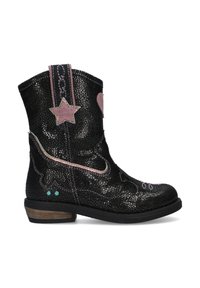 Black cowboy boots with glittery texture, pink star and heart accents, contrasting stitching, and a stacked wooden heel.