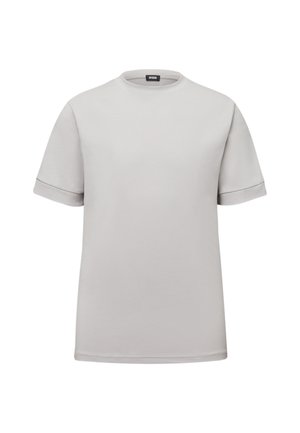 T-shirt gris clair à manches courtes avec col rond, manches retroussées et une étiquette noire à l'intérieur du col.