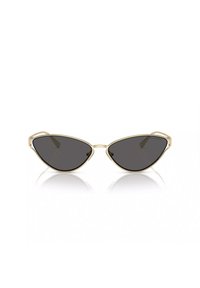 Occhiali da sole con montatura dorata a forma di occhio di gatto e lenti scure, dotati di aste sottili e texture liscia. Superficie riflettente sotto le montature.