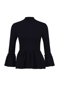 Svart ribbad topp med hög halsringning, utsvängda långa ärmar och peplumslut. Tillverkad av mjukt tyg med en texturerad yta.