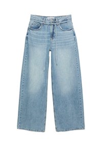 Hellblaue, weit geschnittene Jeans mit hoher Taille, zwei Fronttaschen, Reißverschluss und einem Stoffbindeband an der Taille. Klassische Denimstruktur.