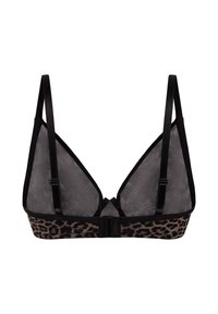 Black mesh triangle bralette with leopard print underlay. Adjustable straps and a back hook closure. Soft texture, lightweight design.