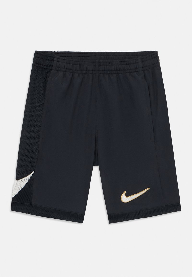 Juodi sportiniai šortai su tinklinėmis šoninėmis skydelėmis, elastinga juostos juosia ir auksiniu Nike logotipu dešiniajame apatine kampo krašte. Įprastas siluetas.