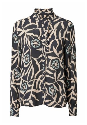 Langärmlige schwarze Bluse mit beigen abstrakten Blatt- und hellblauen Blumenmustern, Knopfleiste vorne und gerafftem hohem Kragen.