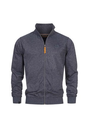 Zip-up hettegenser i mørk marineblå, laget av teksturert stoff med et subtilt stripemønster, med høy krage og merkede detaljer.