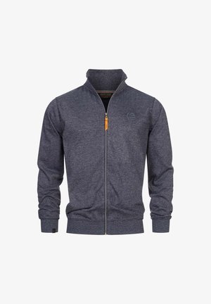 Zip-up sweatshirt i mørk navy, lavet af tekstureret stof med et subtilt stribemønster, der har høj krave og mærkeakcenter.