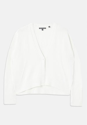 Witte gebreide cardigan met een diepe V-hals, geribbelde manchetten en zoom. Heeft twee zijzakken en een knoopsluiting aan de voorkant.