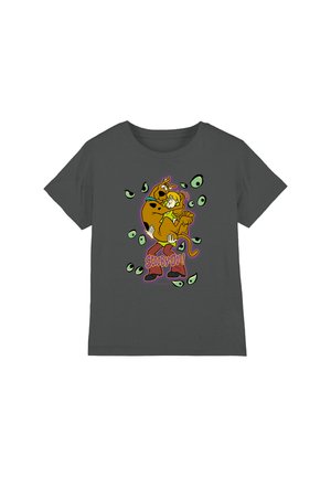 Dark gray T-shirt with a graphic of Scooby-Doo hugging Shaggy, surrounded by green eyes and the "Scooby-Doo!" text below.