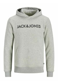Felpa grigia con cappuccio in misto cotone, dotata di tasca kangaroo frontale e stampa nera "JACK & JONES" sul petto. Polsi e orlo ribattuti.