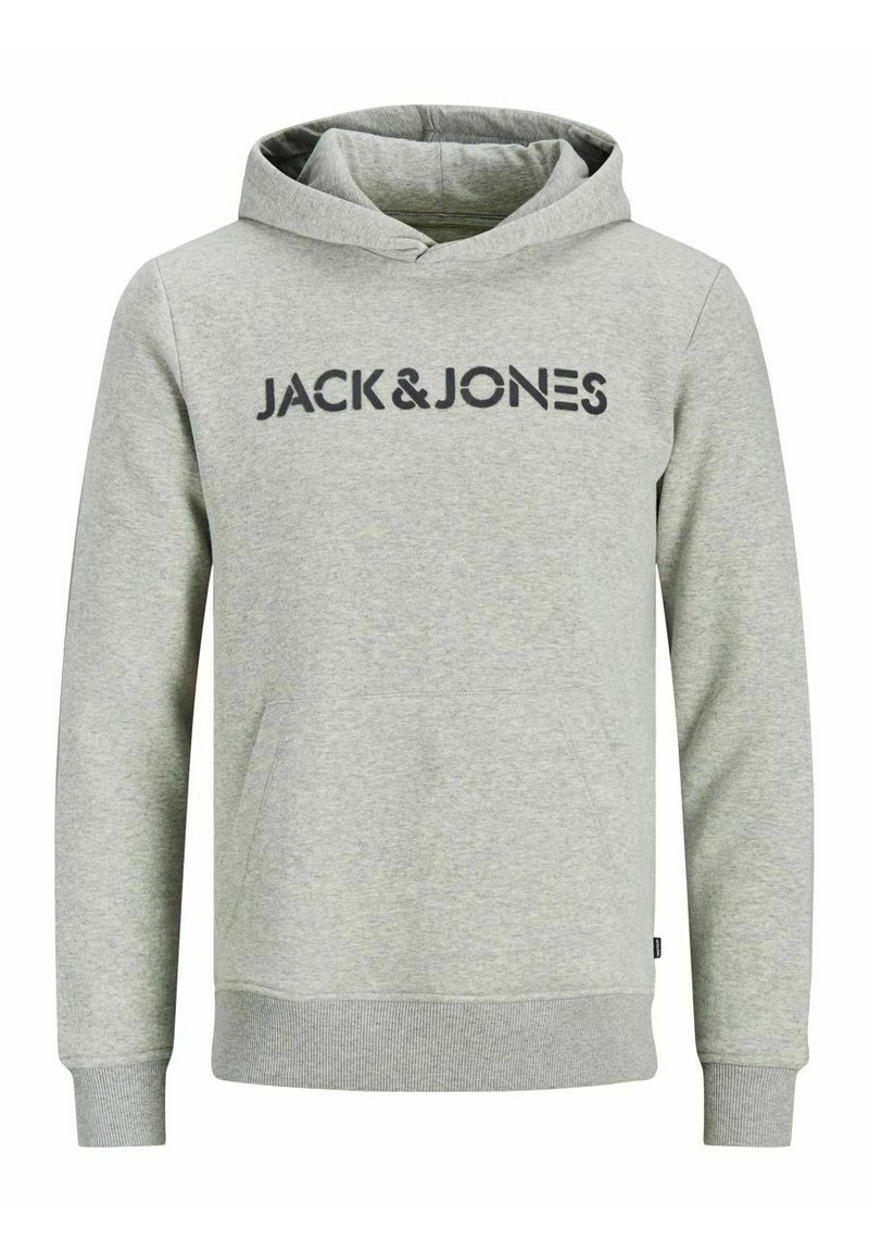 Felpa grigia con cappuccio in misto cotone, dotata di tasca kangaroo frontale e stampa nera "JACK & JONES" sul petto. Polsi e orlo ribattuti.